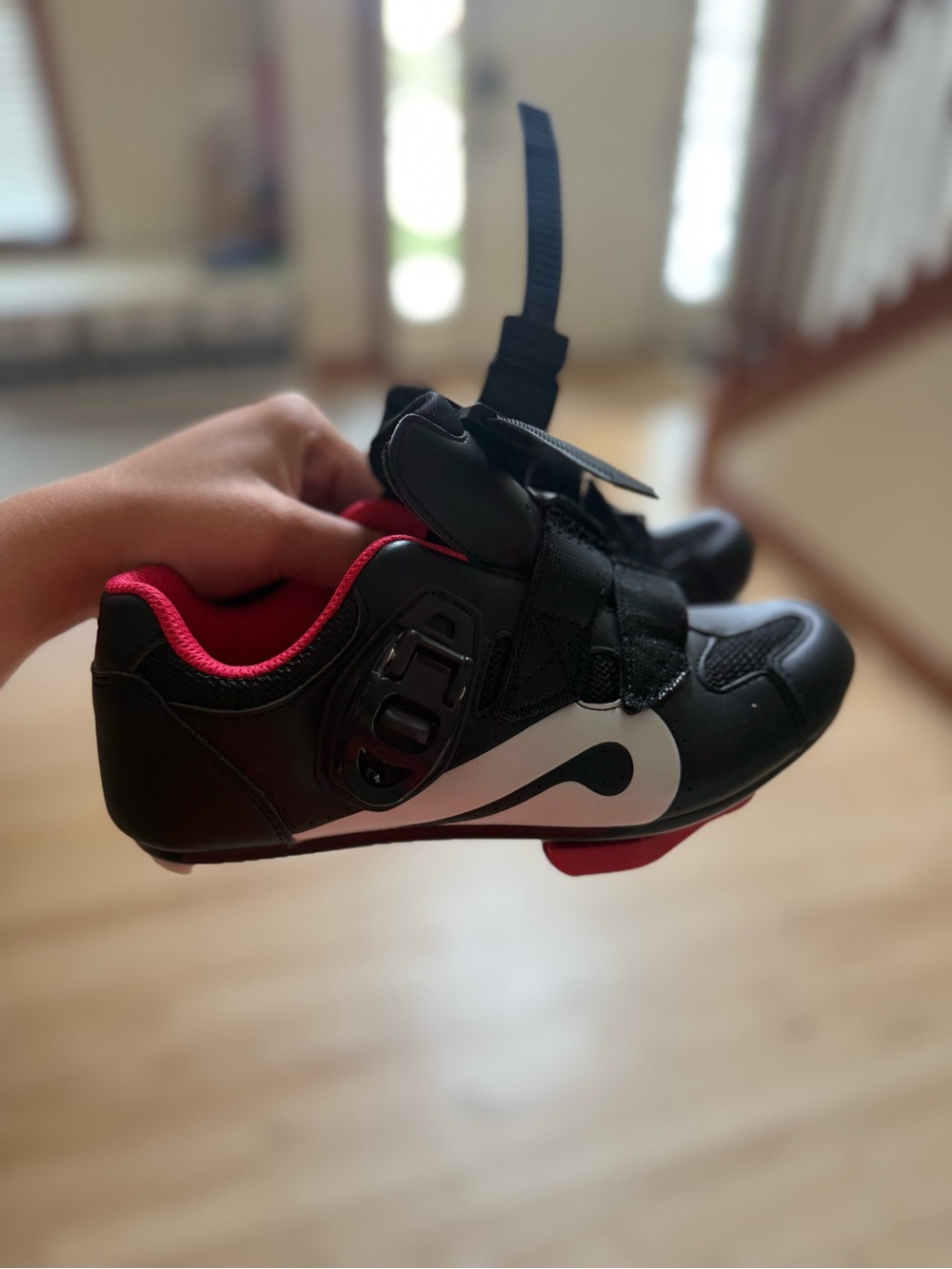 Peloton Kids Cycling Sneakers in Black with Red and White Accents